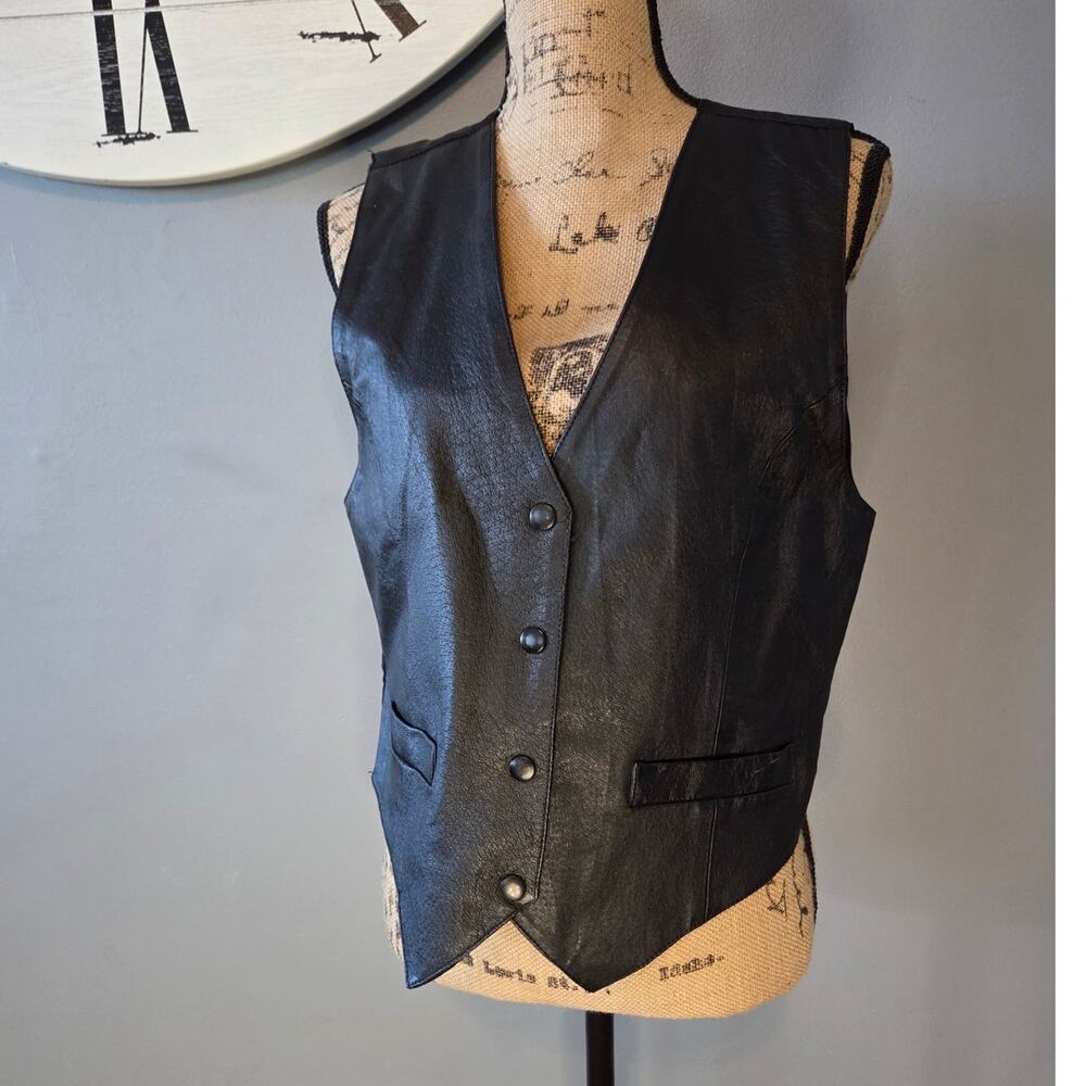 brandon thomas 100% leather black vest western vtg M biker M